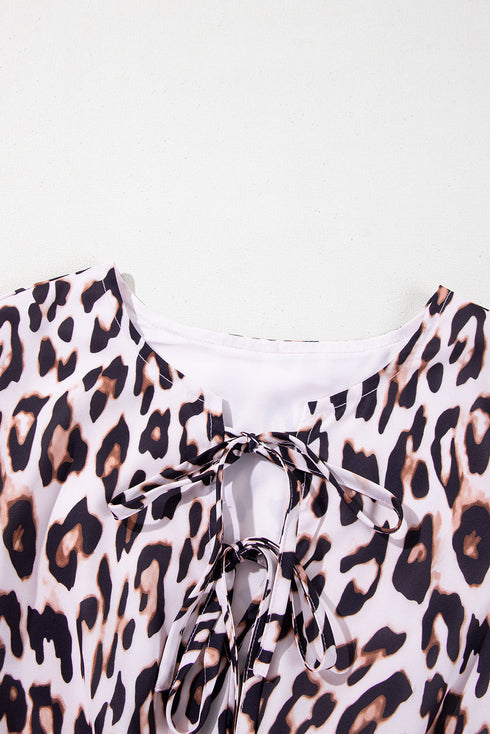 Brown Leopard Tied Front Keyhole Puff Short Sleeve Mini Dress
